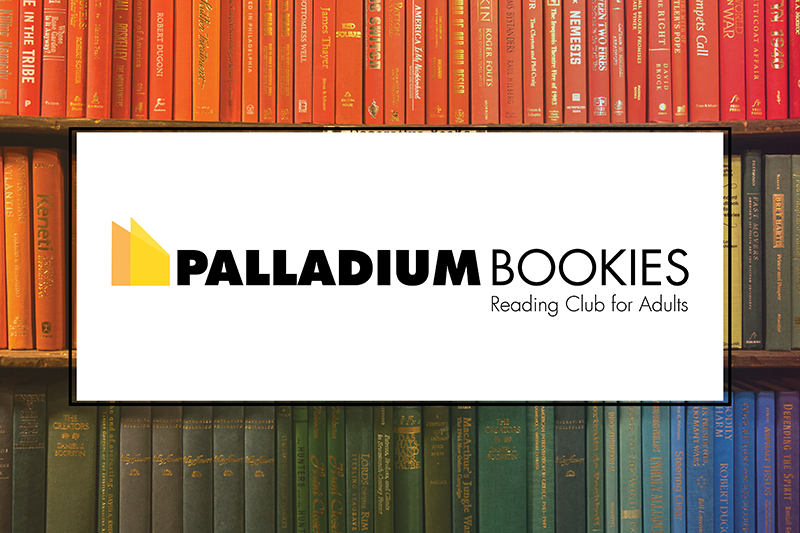 Palladium Bookies Template Generic Palladium Bookies: Reading Club for Adults logo with a background of books arranged on shelves according to rainbow color order.